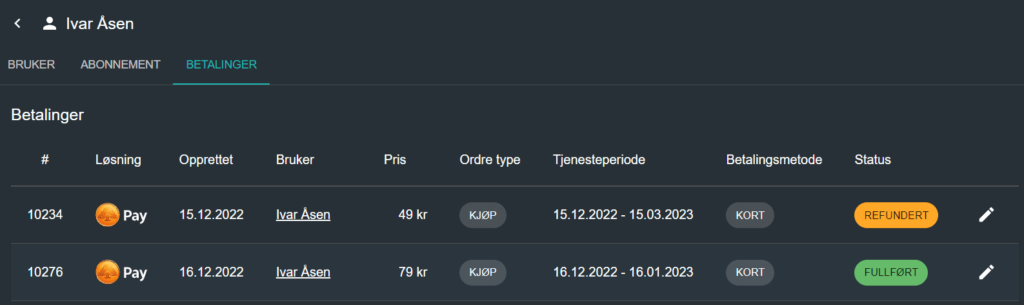 Bruker betalinger - Abonnementssystem