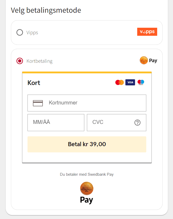 Velg betalingsmetode. Kortbetaling eller Vipps.